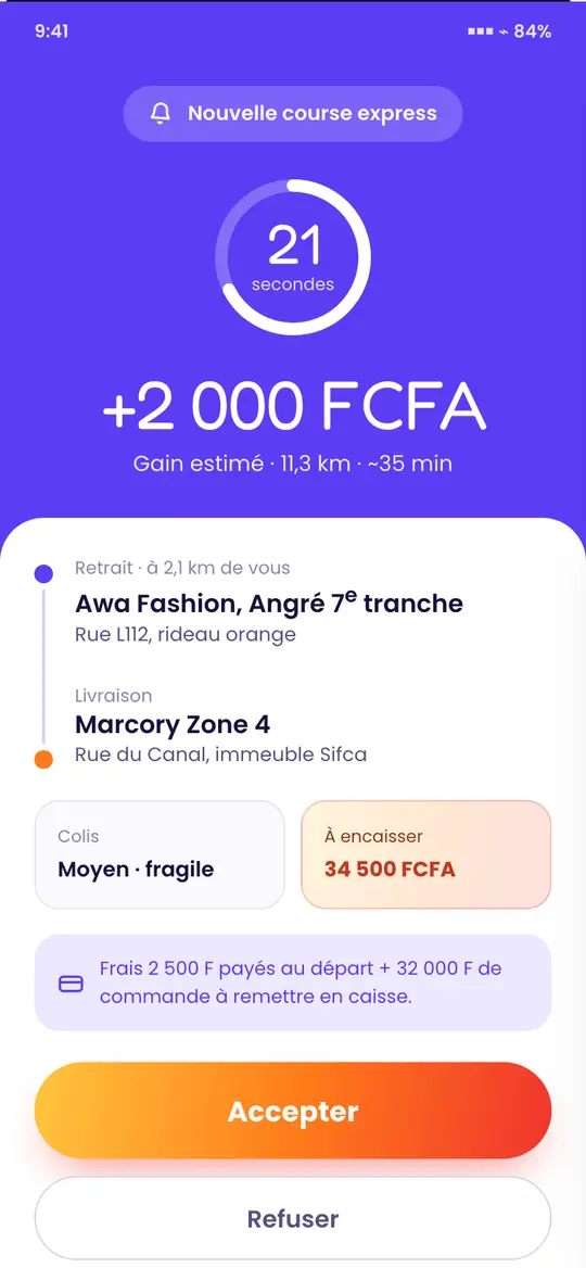 Écran d’affectation d’une course avec compte à rebours
