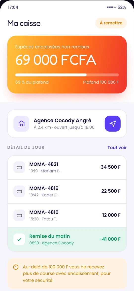 Caisse du livreur avec plafond d’espèces et agence la plus proche