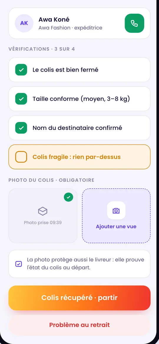 Vérifications et photo obligatoire au retrait du colis
