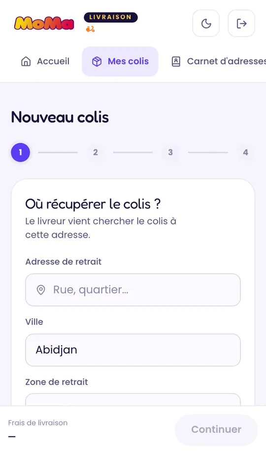 Formulaire de dépôt d’un colis, étape 1 sur 4