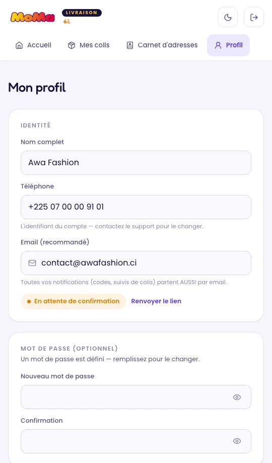 Profil de l’expéditeur : identité, email, mot de passe