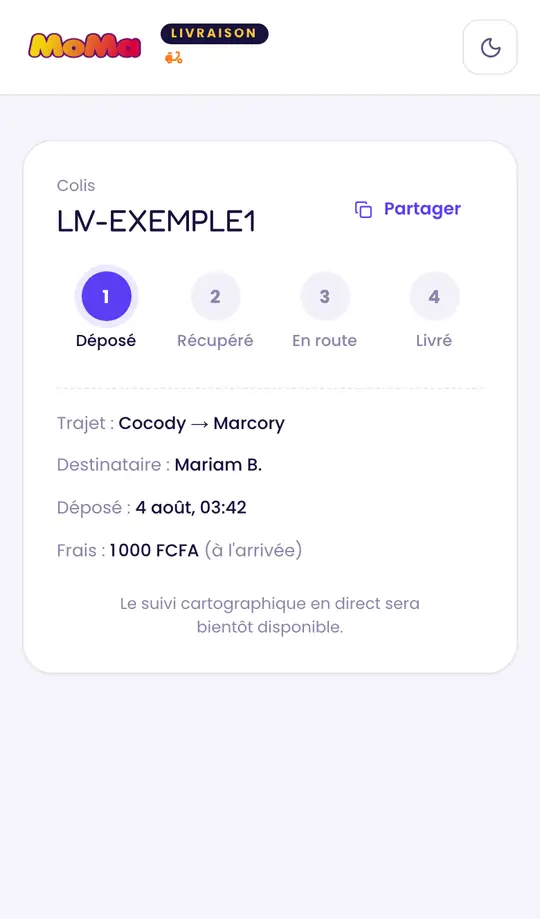 Page de suivi public d’un colis MoMa Livraison